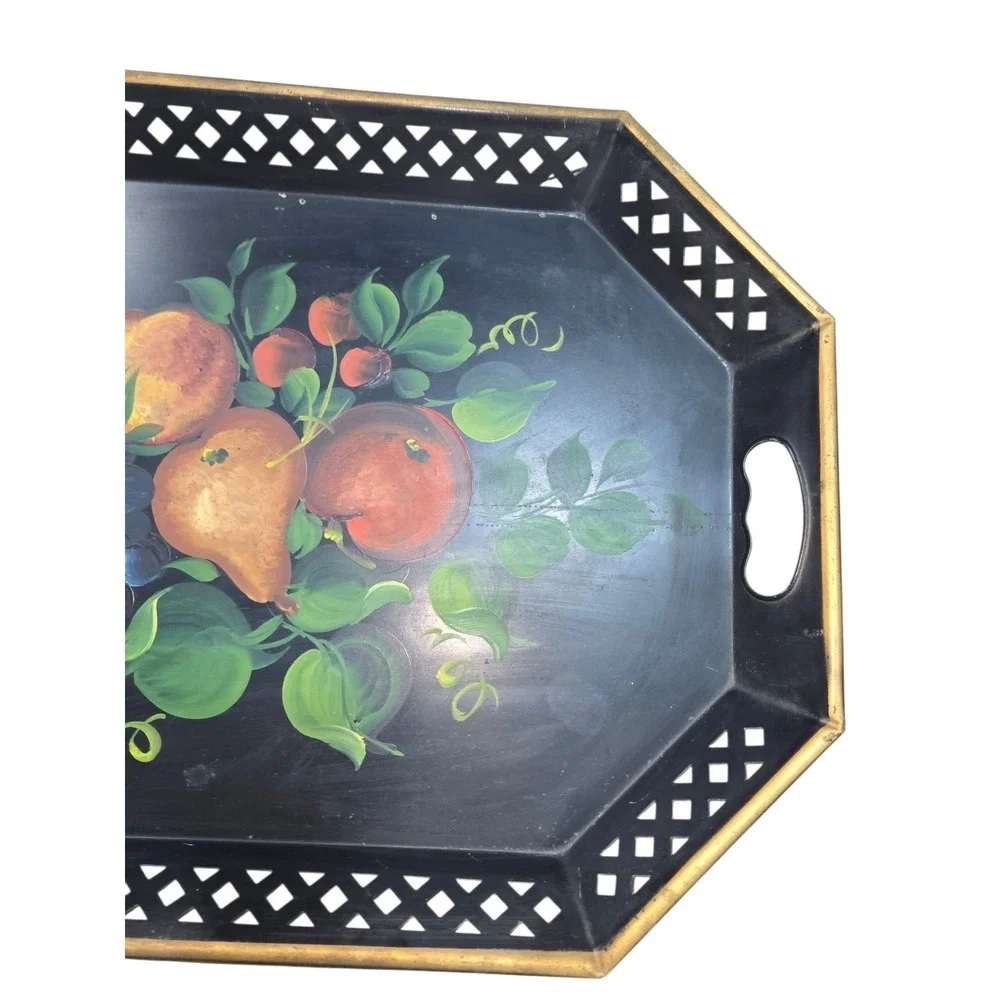 Vintage Hand Painted Tole Tray Fruit Still Life Black‎ Gold Gallery Tray